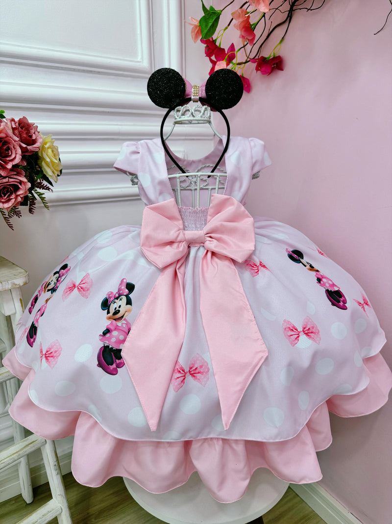 Vestido Infantil Minnie Rosa Com Bolinhas e Pérolas Luxo (5054RM)