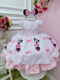 Vestido Infantil Minnie Rosa Com Bolinhas e Pérolas Luxo (5054RM)