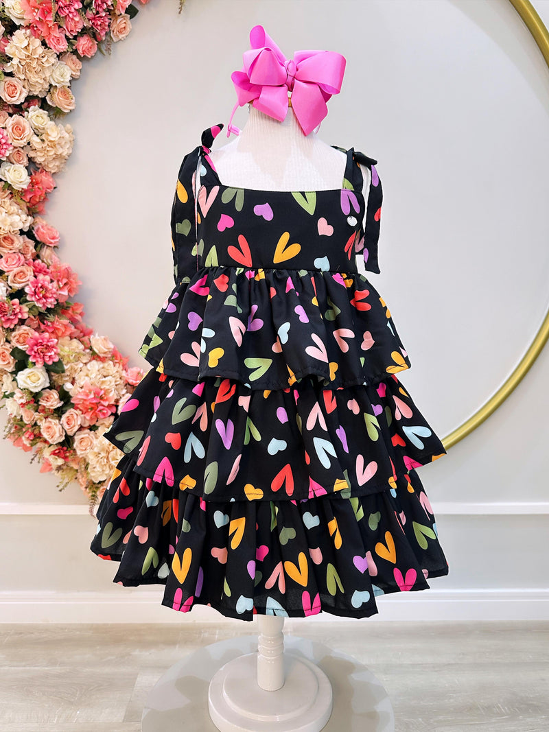 Vestido Infantil de Alça Primavera Verão Preto Corações (3488PT)