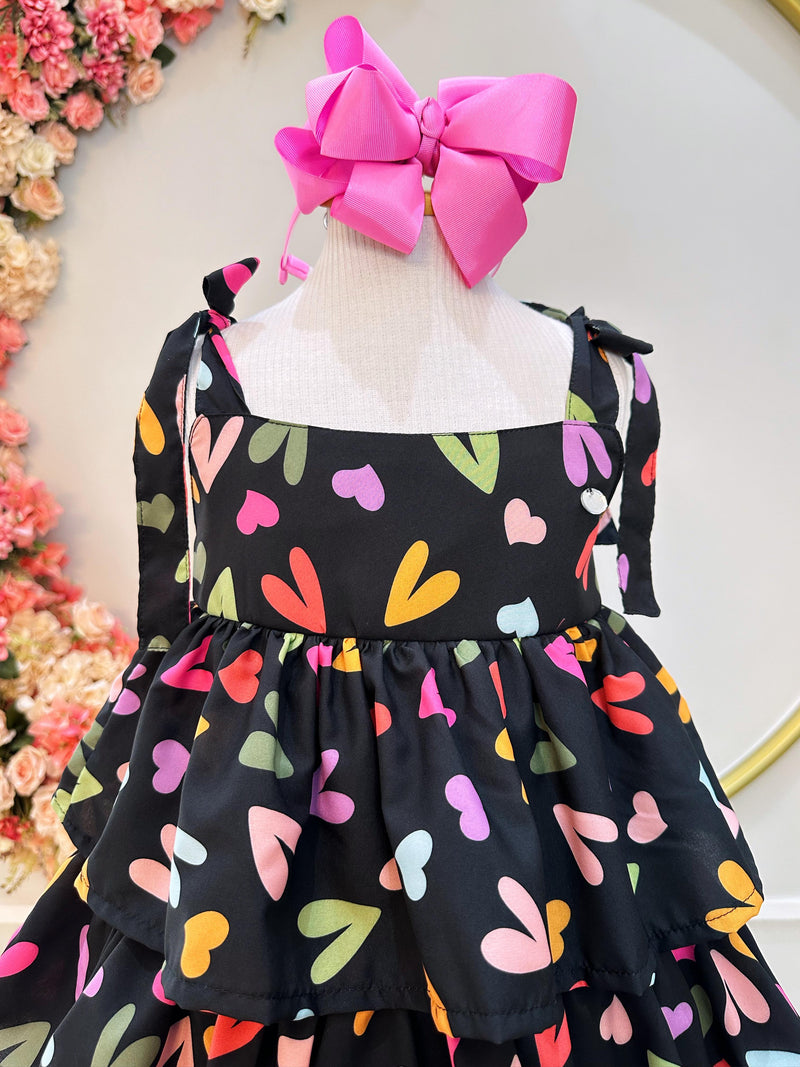 Vestido Infantil de Alça Primavera Verão Preto Corações (3488PT)