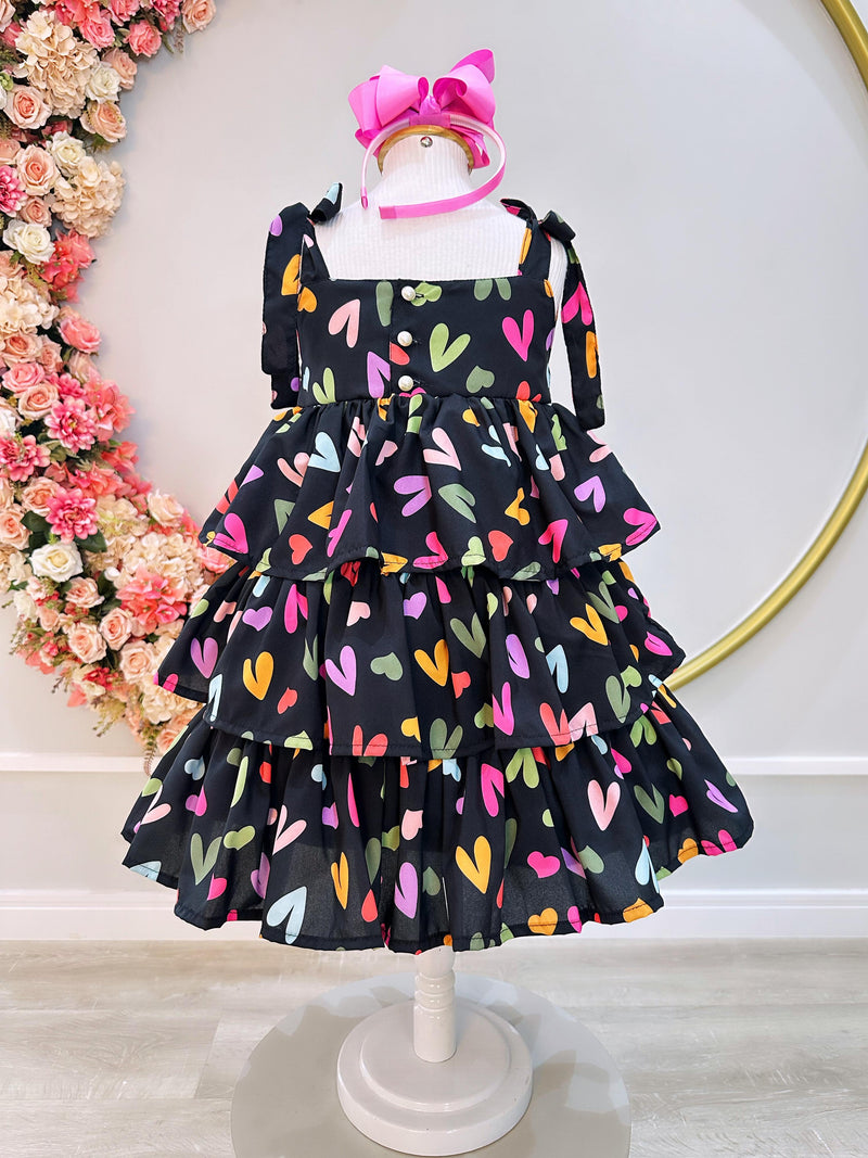 Vestido Infantil de Alça Primavera Verão Preto Corações (3488PT)