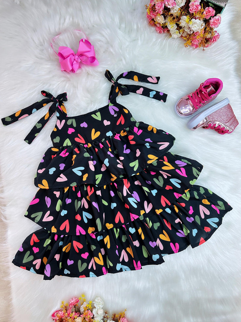 Vestido Infantil de Alça Primavera Verão Preto Corações (3488PT)