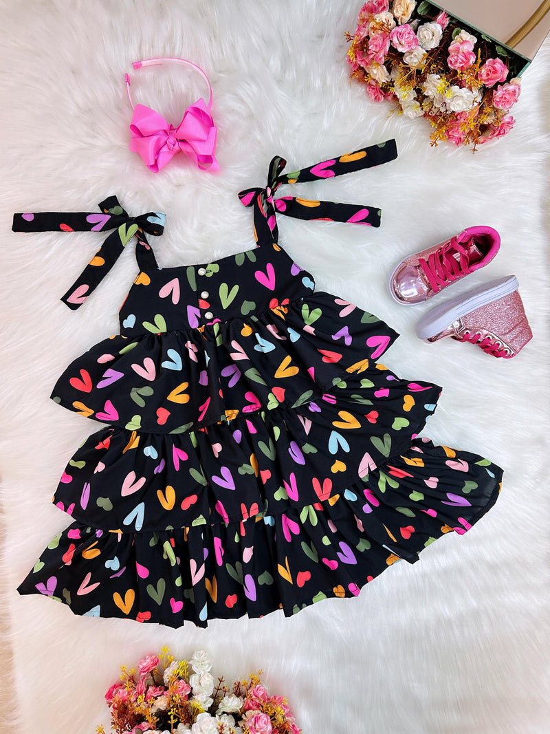 Vestido Infantil de Alça Primavera Verão Preto Corações (3488PT)