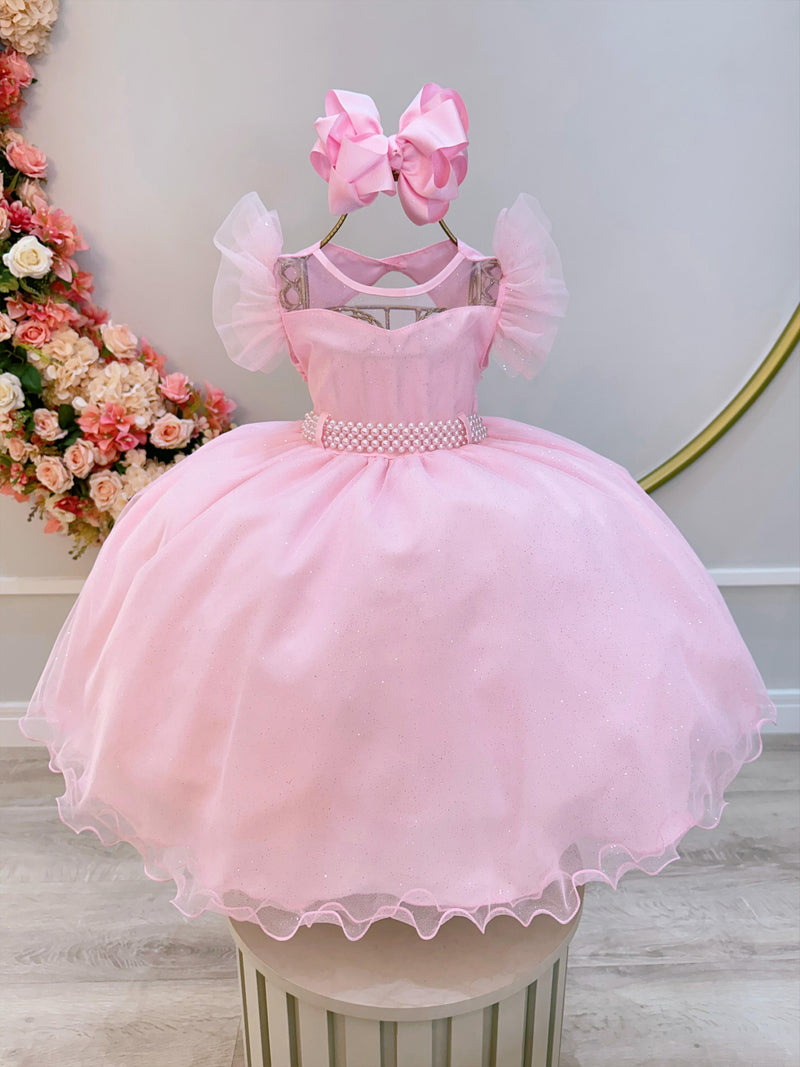 Vestido Infantil Rosa Claro C/ Cinto de Pérolas Daminhas (3626RS)