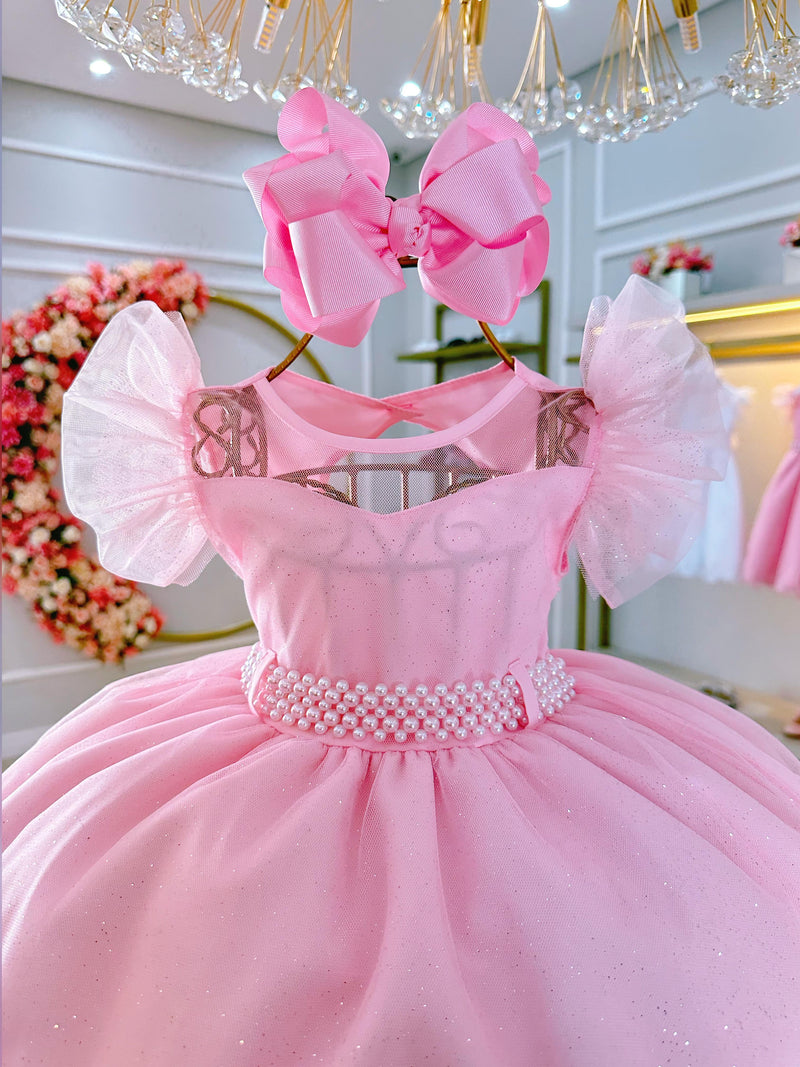 Vestido Infantil Rosa Claro C/ Cinto de Pérolas Daminhas (3626RS)