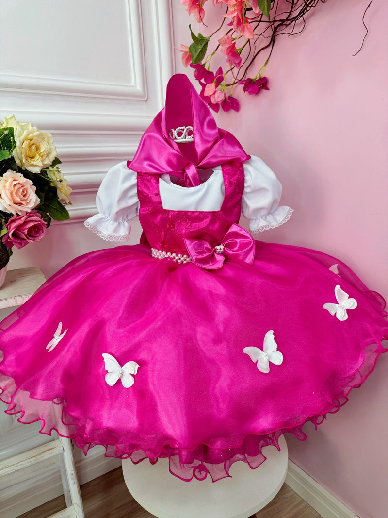 Vestido Infantil Menina e o Urso Rosa Com Lenço Festas (0287BP)