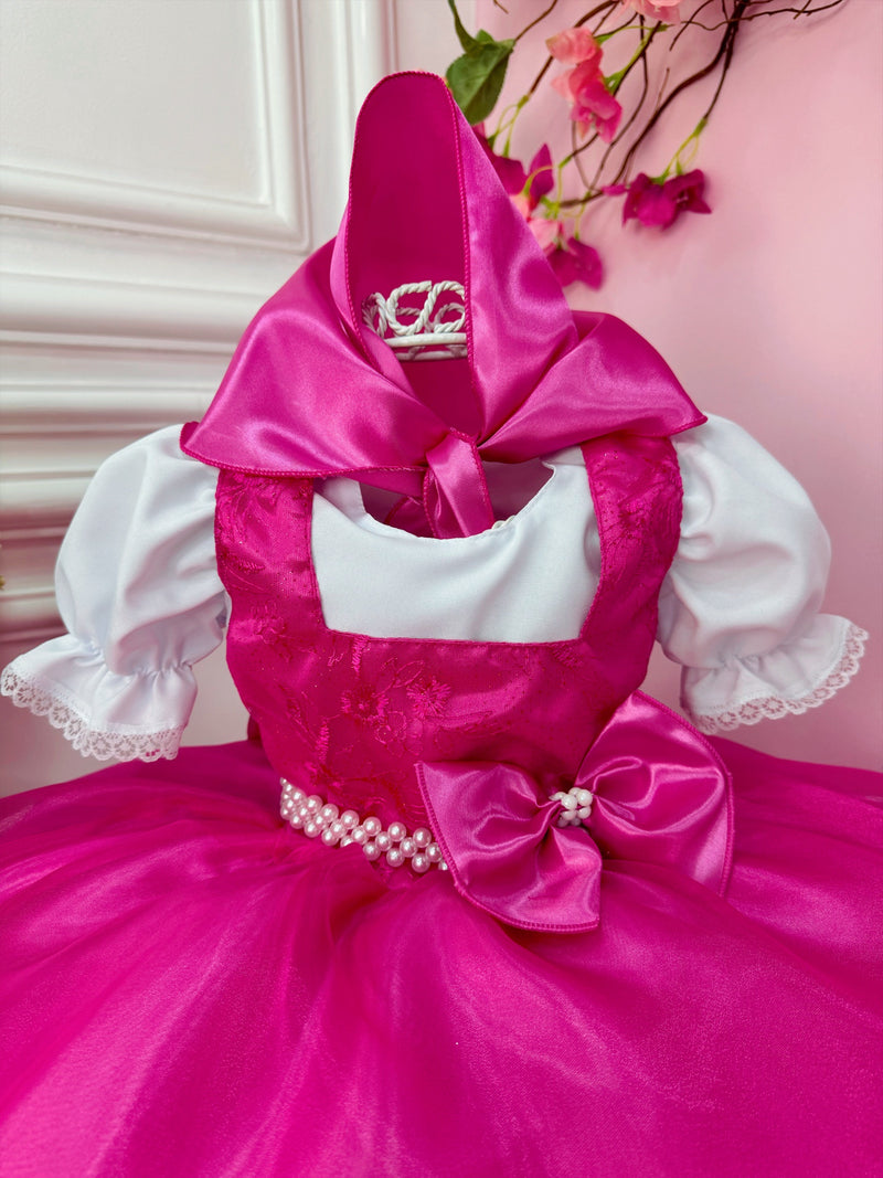 Vestido Infantil Menina e o Urso Rosa Com Lenço Festas (0287BP)