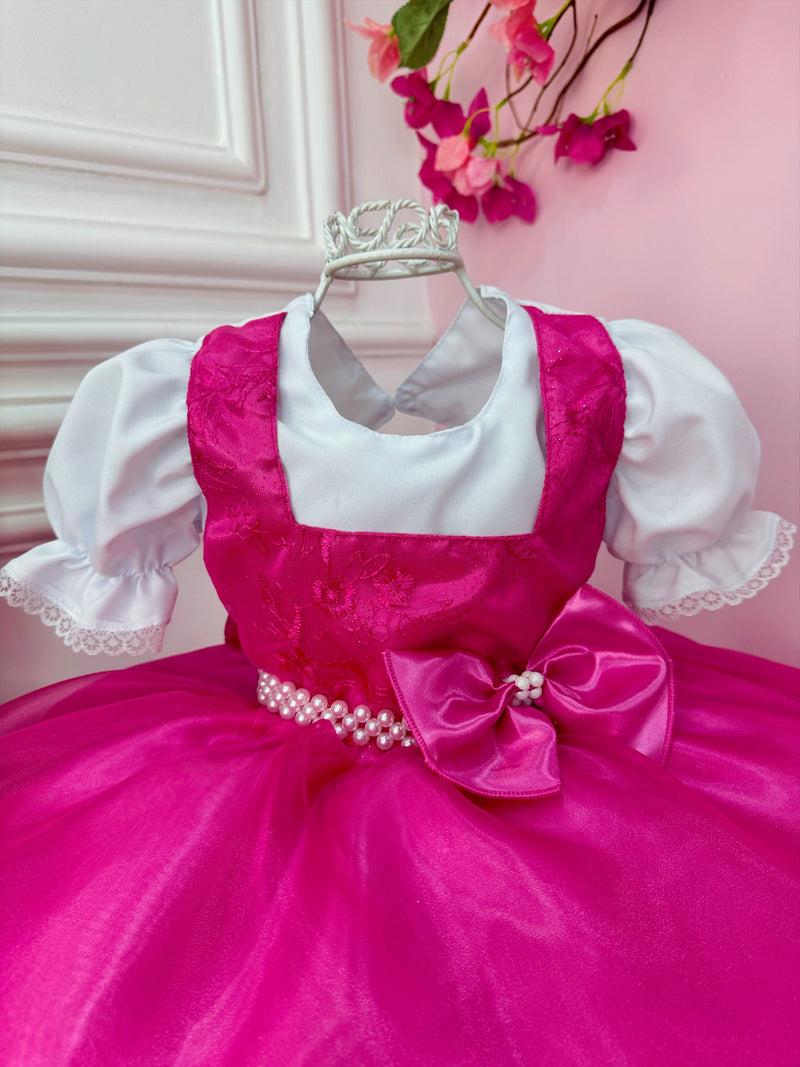 Vestido Infantil Menina e o Urso Rosa Com Lenço Festas (0287BP)