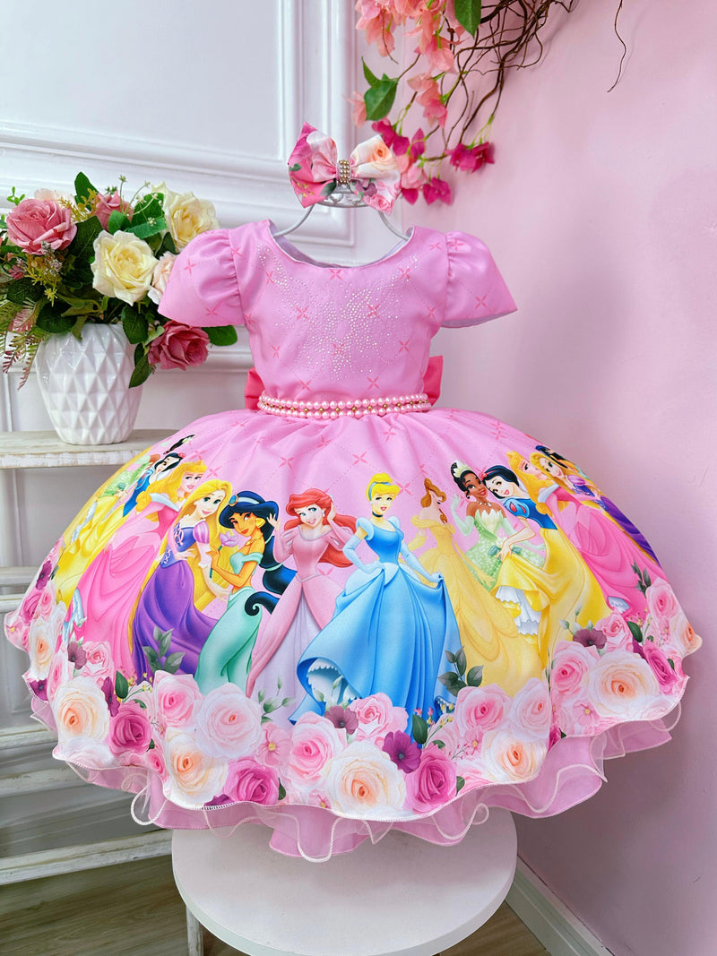 Vestido Infantil Rosa Princesas Disney Com Pérolas e Laço (1052RS)