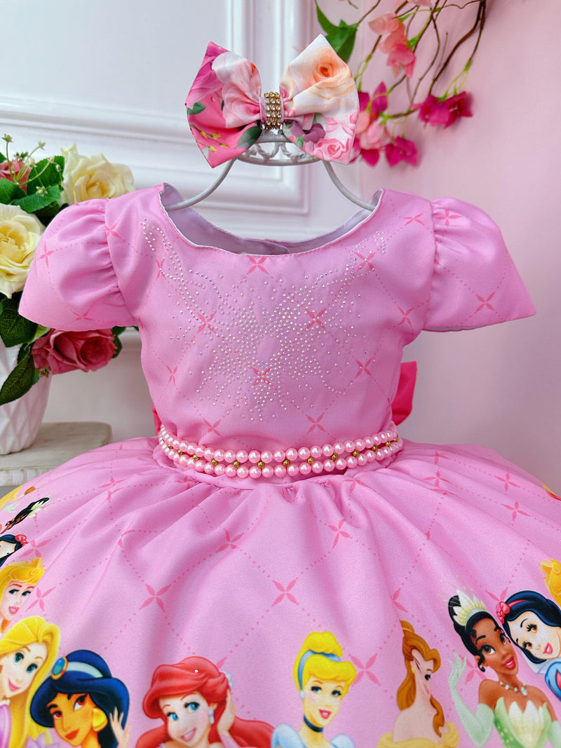 Vestido Infantil Rosa Princesas Disney Com Pérolas e Laço (1052RS)