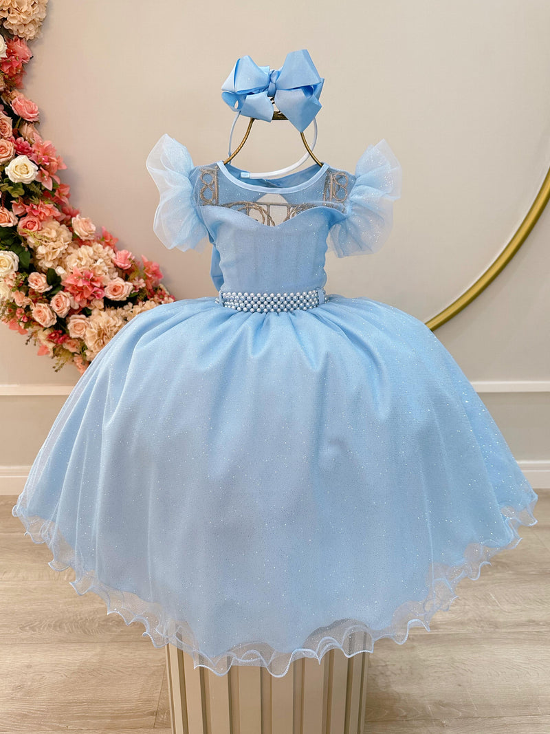 Vestido Infantil Azul Com Cinto de Pérolas Daminhas (3626AA)