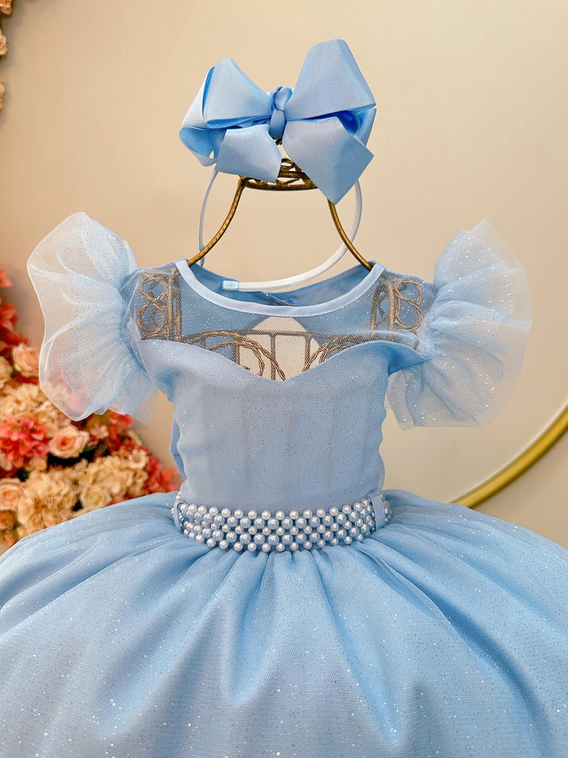 Vestido Infantil Azul Com Cinto de Pérolas Daminhas (3626AA)