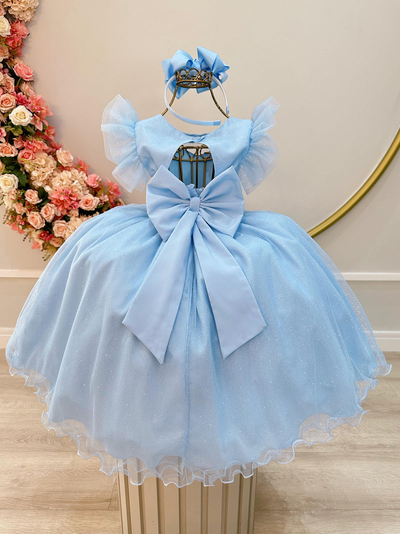 Vestido Infantil Azul Com Cinto de Pérolas Daminhas (3626AA)