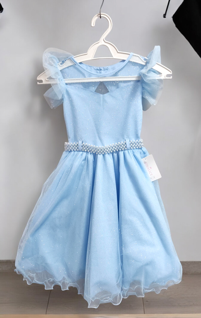 Vestido Infantil Azul Com Cinto de Pérolas Daminhas (3626AA)