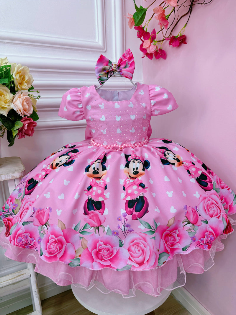 Vestido Infantil Rosa Minnie C/ Laço e Busto Strass Luxo (1056RA)