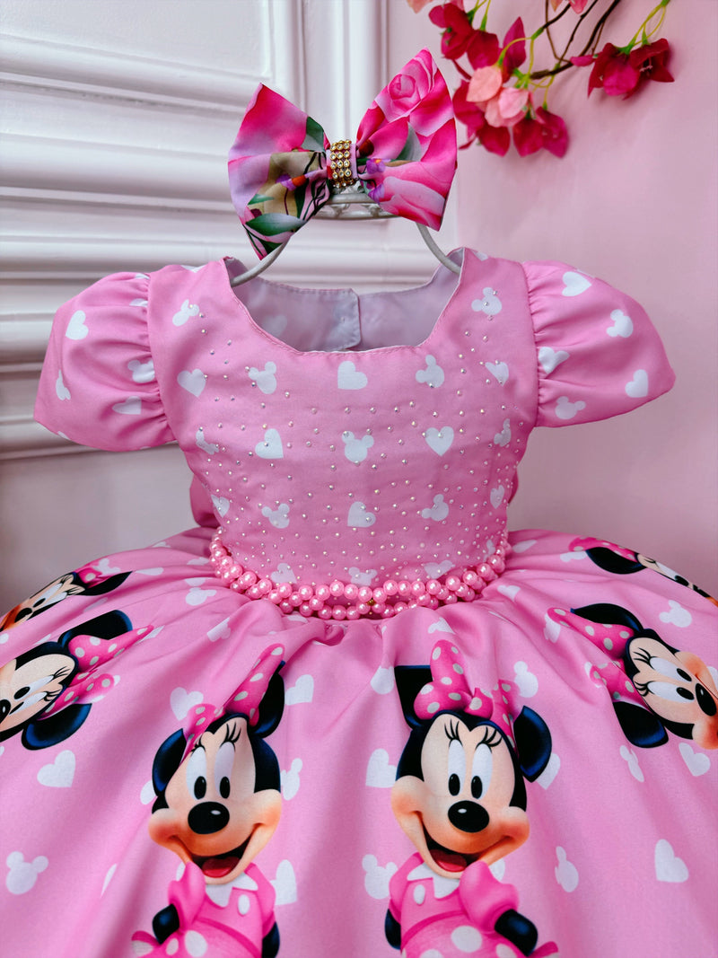 Vestido Infantil Rosa Minnie C/ Laço e Busto Strass Luxo (1056RA)