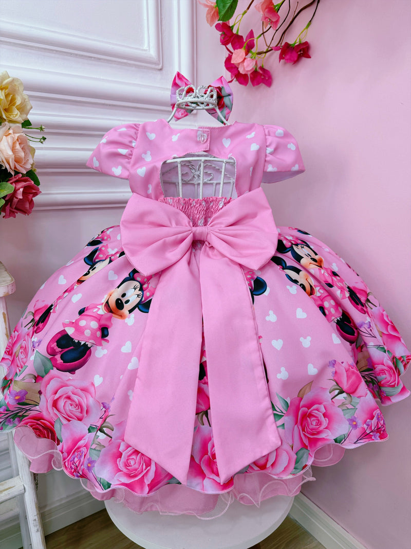 Vestido Infantil Rosa Minnie C/ Laço e Busto Strass Luxo (1056RA)