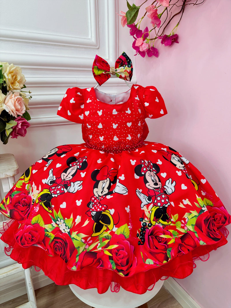 Vestido Infantil Vermelho Minnie C/ Laço e Busto Strass Luxo (1057VA)