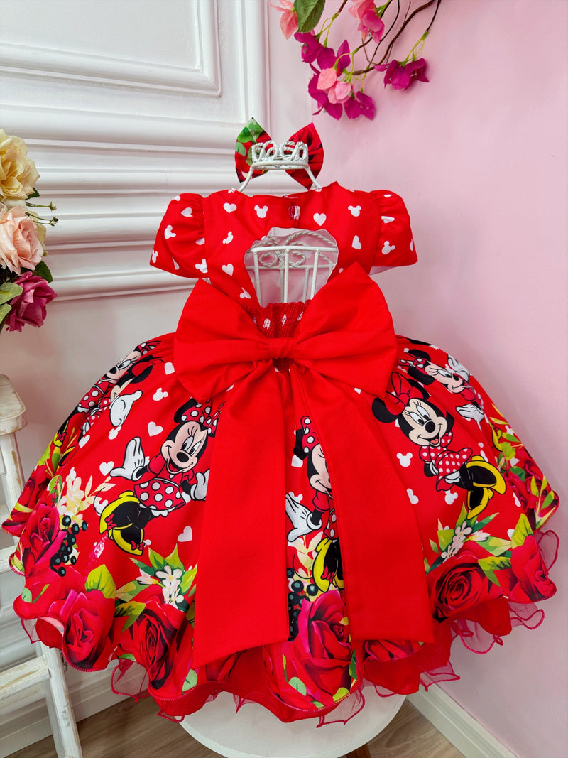 Vestido Infantil Vermelho Minnie C/ Laço e Busto Strass Luxo (1057VA)