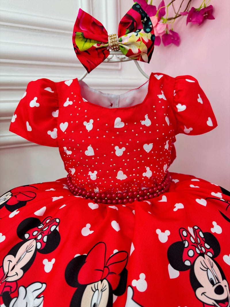 Vestido Infantil Vermelho Minnie C/ Laço e Busto Strass Luxo (1057VA)