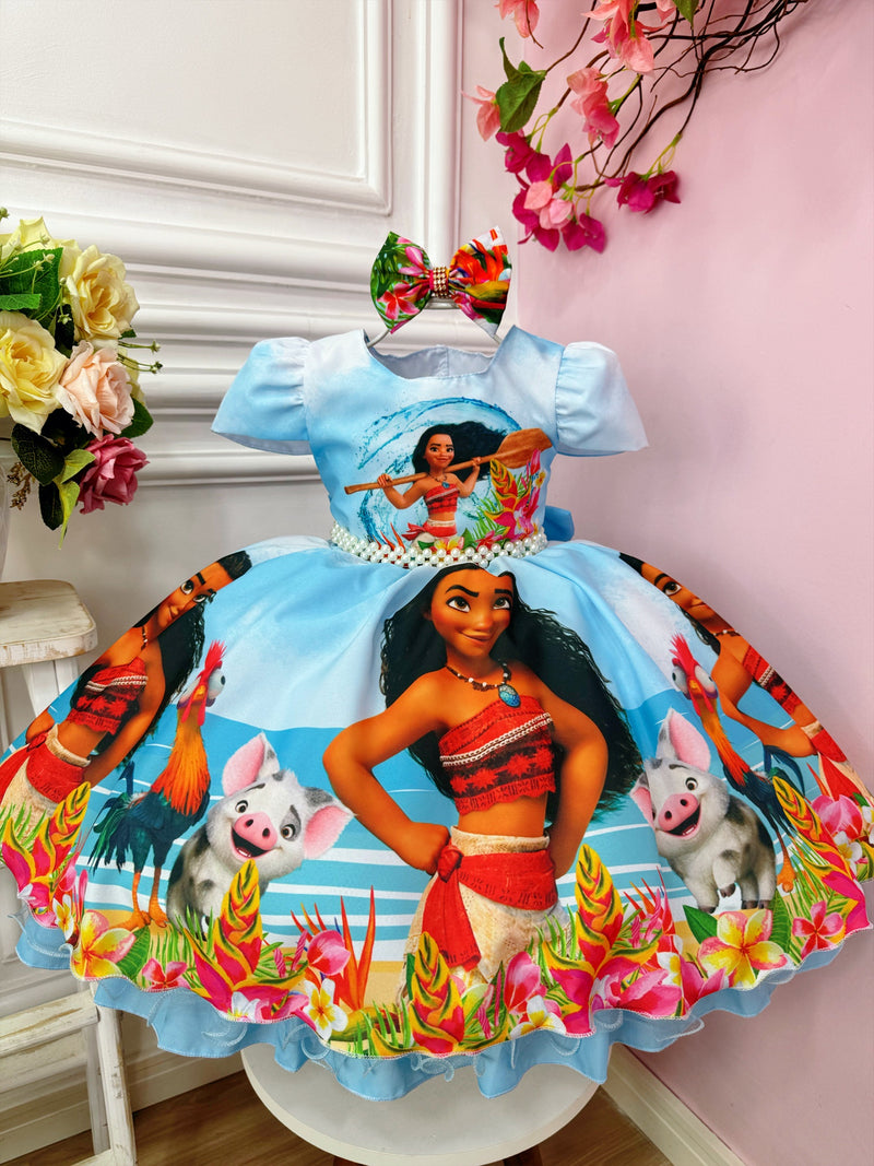 Vestido Infantil Azul Claro Moana na praia C/ Laço Festas (1055AA)