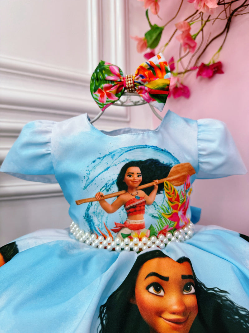 Vestido Infantil Azul Claro Moana na praia C/ Laço Festas (1055AA)