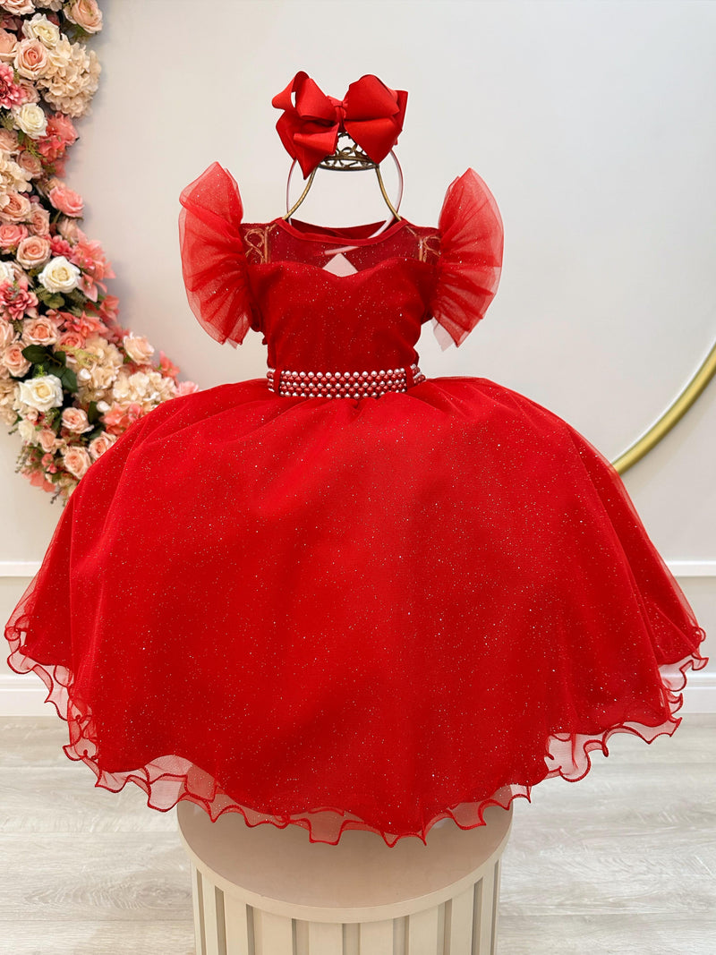 Vestido Infantil Vermelho Com Cinto de Pérolas Daminhas (3626VM)