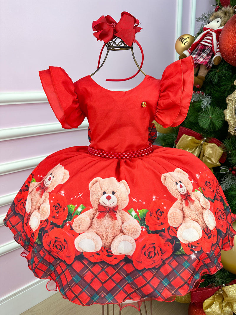 Vestido Banana Club Vermelho Ursinho Flores Natal (VESTBNNCLBVRMLURSFLRNTL)