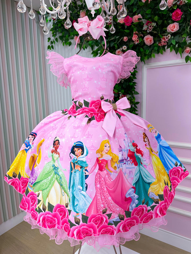 Vestido Temático Luxo Princesas Disney Rosa Manga Tule (VESTTMCLXPRNCDNRSMNGTL)