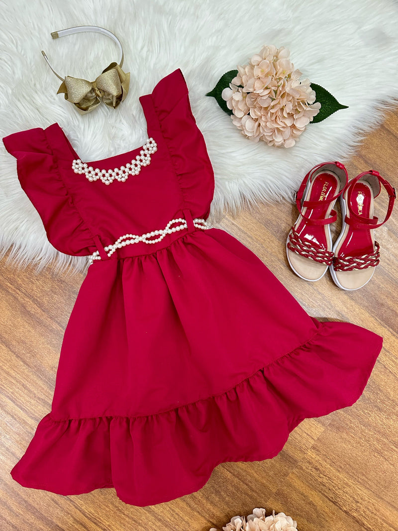 Vestido Infantil Vermelho Luxo Com Pérolas Festas Daminhas (0152VC)