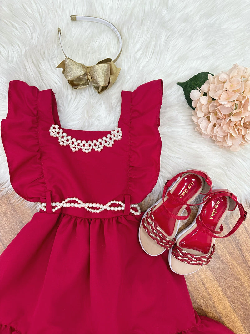 Vestido Infantil Vermelho Luxo Com Pérolas Festas Daminhas (0152VC)