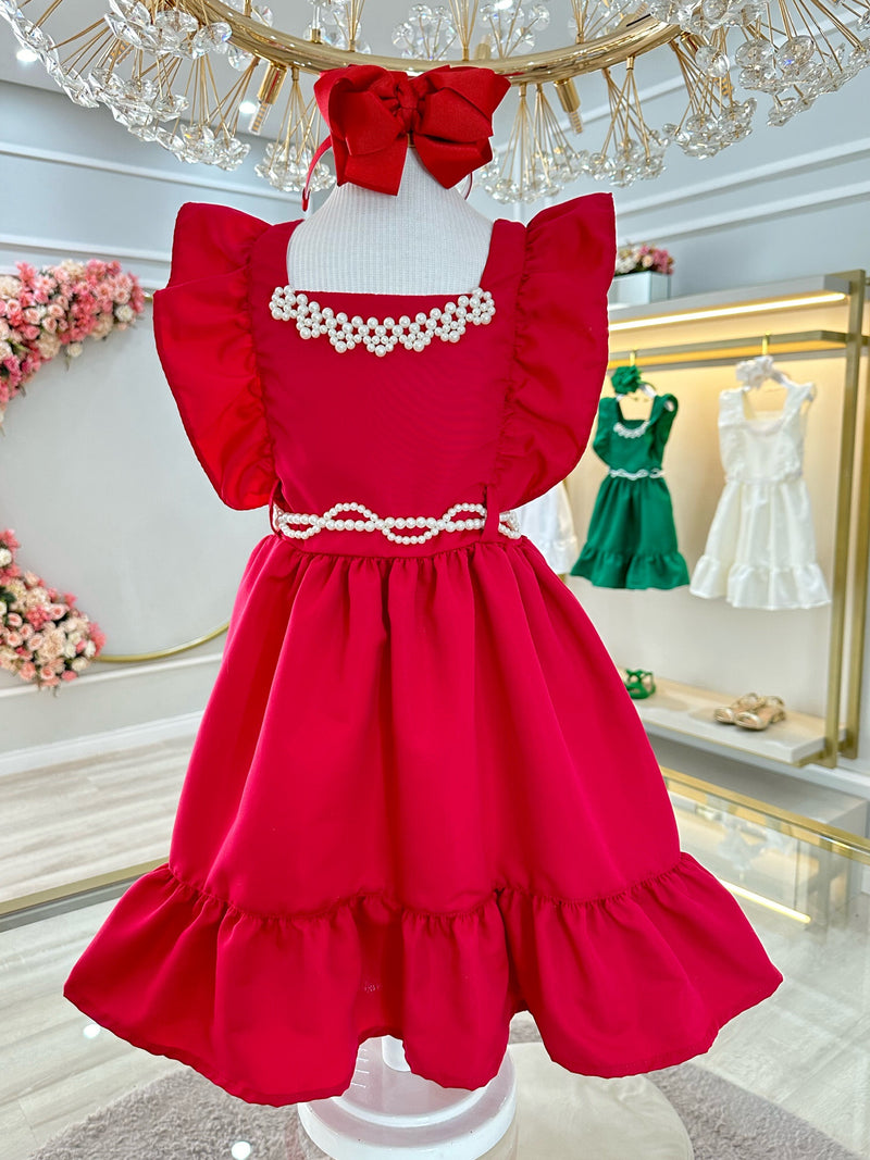 Vestido Infantil Vermelho Luxo Com Pérolas Festas Daminhas (0152VC)