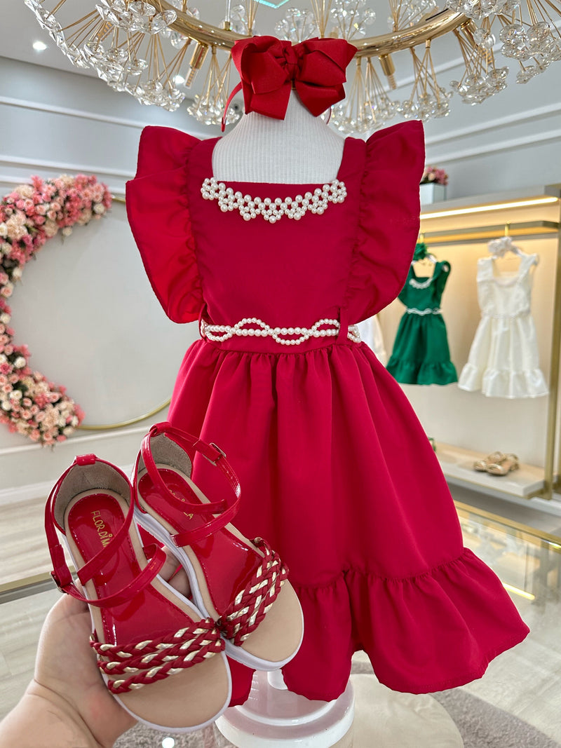 Vestido Infantil Vermelho Luxo Com Pérolas Festas Daminhas (0152VC)