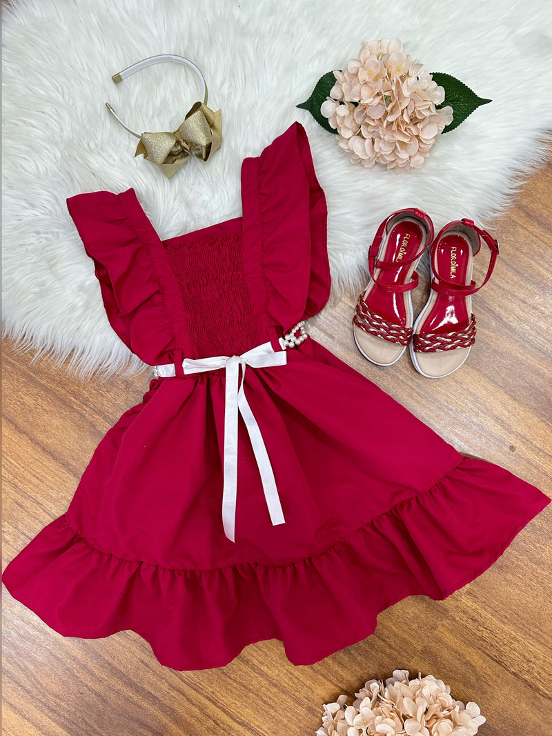 Vestido Infantil Vermelho Luxo Com Pérolas Festas Daminhas (0152VC)