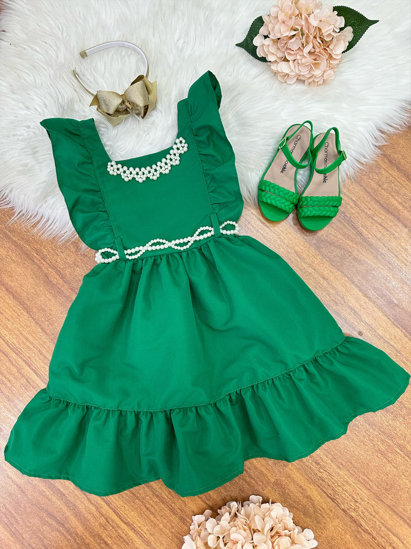 Vestido Infantil Verde Luxo Com Pérolas Festas Daminhas (0152VB)