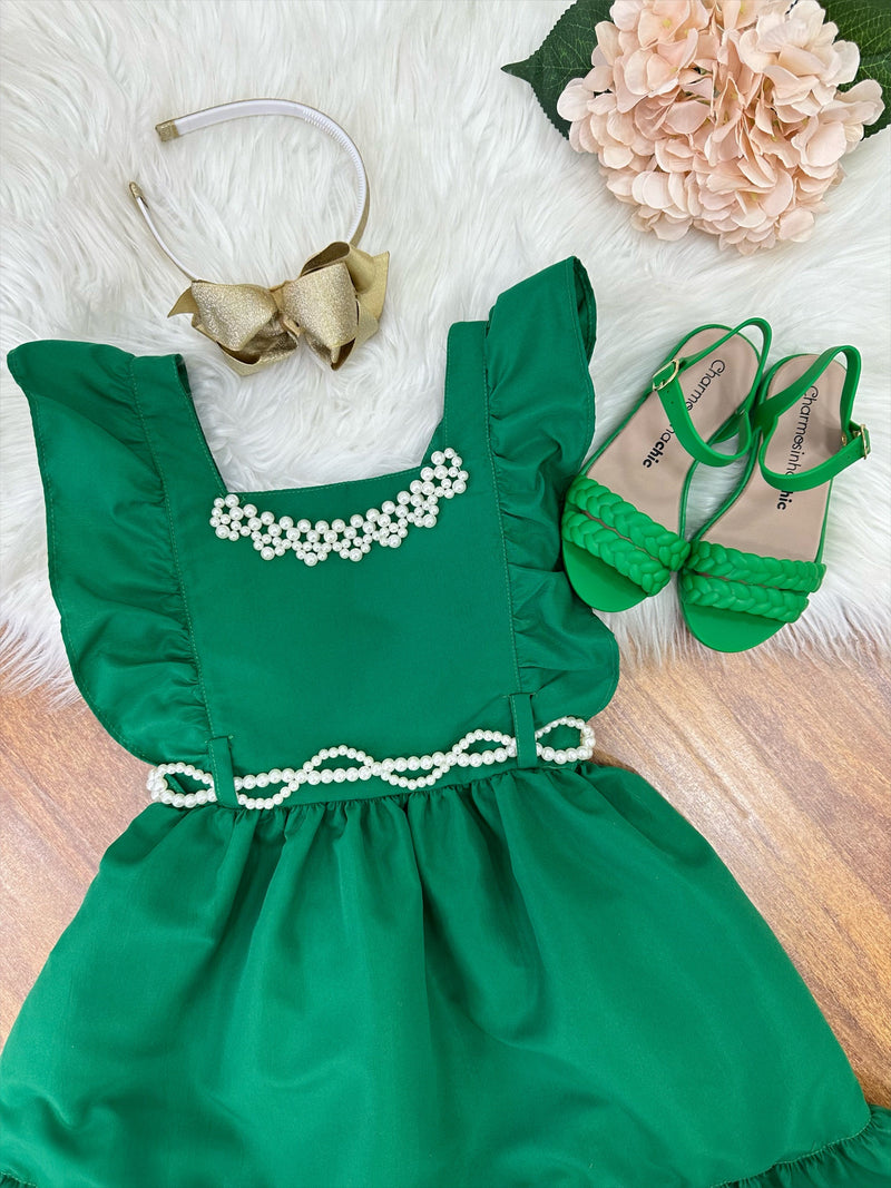 Vestido Infantil Verde Luxo Com Pérolas Festas Daminhas (0152VB)