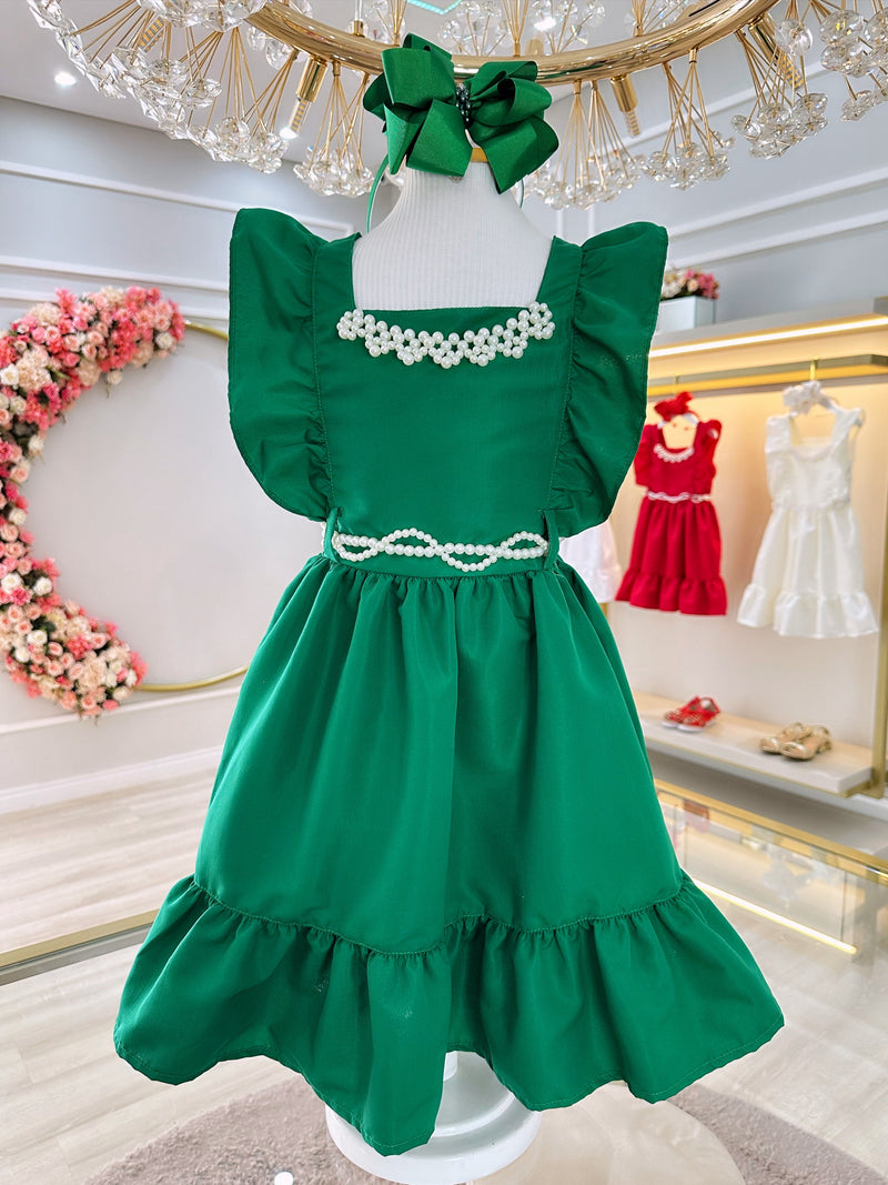 Vestido Infantil Verde Luxo Com Pérolas Festas Daminhas (0152VB)