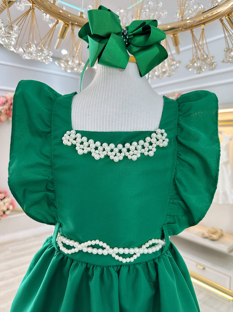 Vestido Infantil Verde Luxo Com Pérolas Festas Daminhas (0152VB)