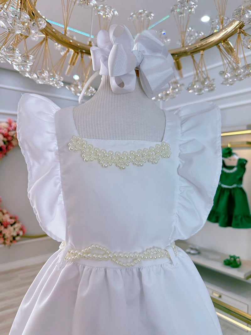 Vestido Infantil Branco Luxo Com Pérolas Festas Daminhas (0152BC)