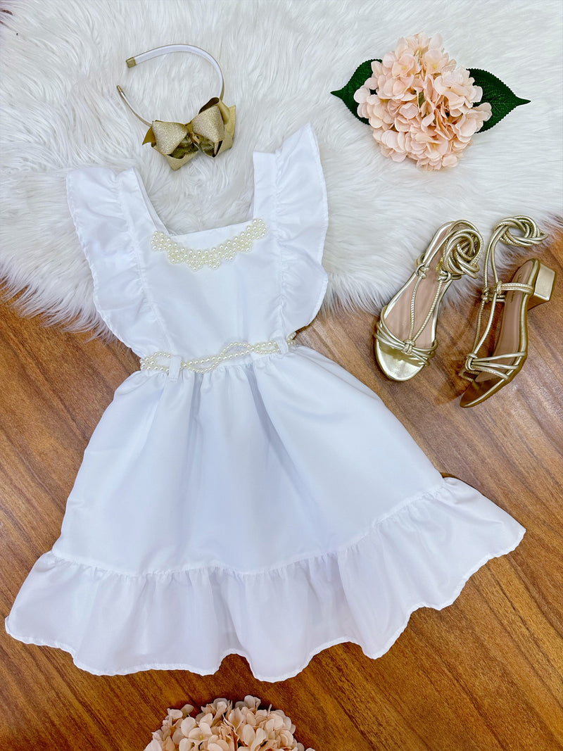 Vestido Infantil Branco Luxo Com Pérolas Festas Daminhas (0152BC)