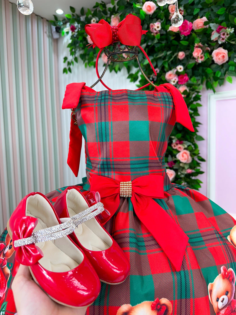 Vestido Marie Madeline Ursinho Xadrez Vermelho - Natal (VESTMRMDLURNVRMLXRZ)