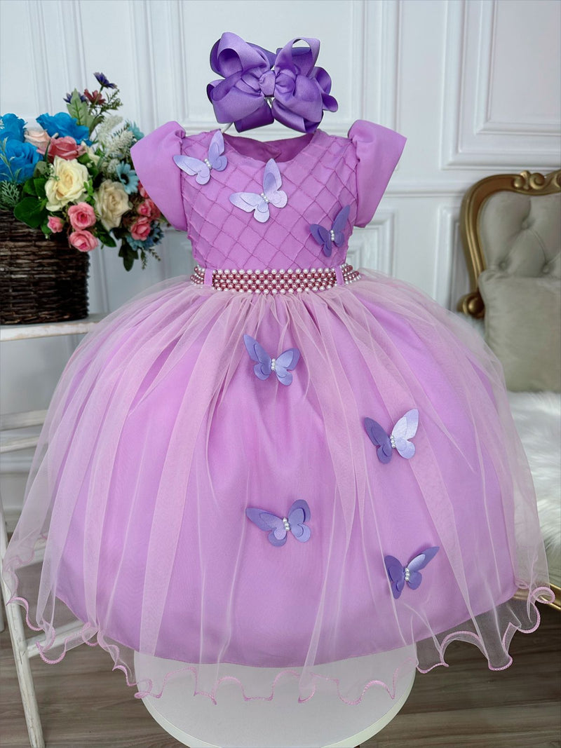 Vestido Infantil Lilás Peito Nervura Aplique de Borboletas