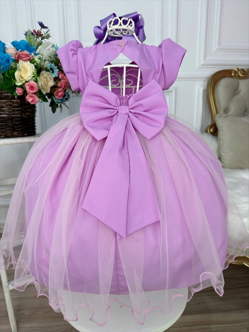 Vestido Infantil Lilás Peito Nervura Aplique de Borboletas