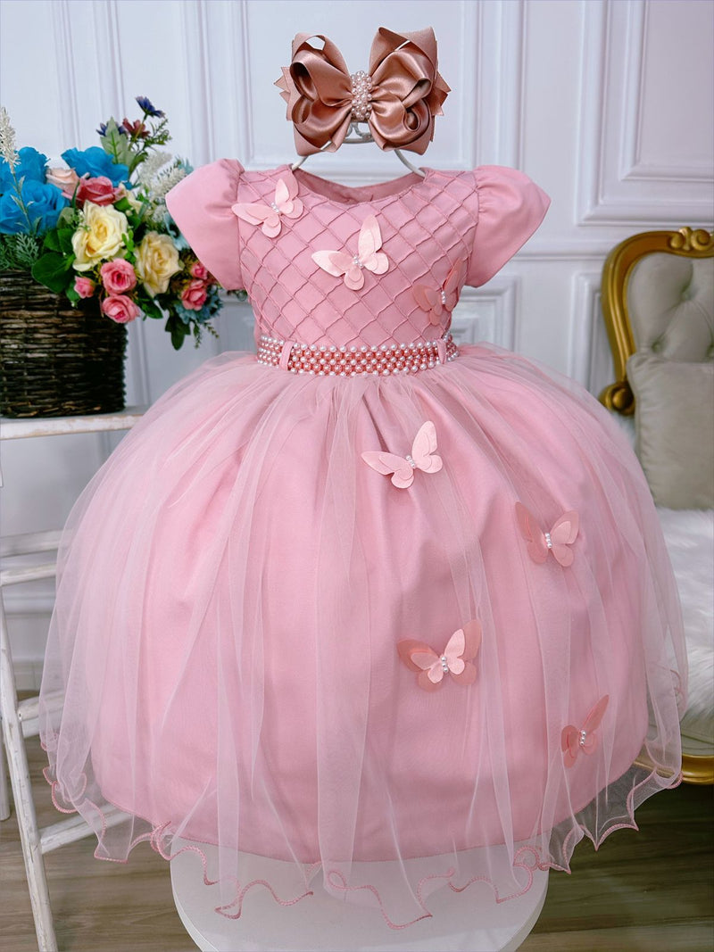 Vestido Infantil Rose Peito Nervura Aplique de Borboletas