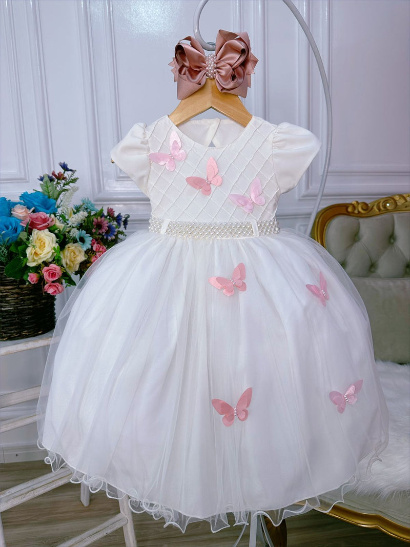 Vestido Infantil Off White Peito Nervura Aplique Borboletas