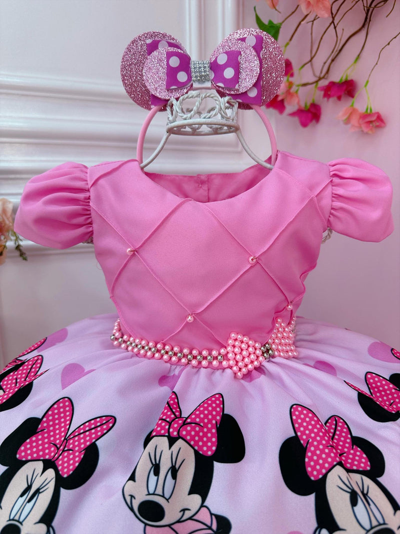 Vestido Infantil Minnie Rosa Cinto de Pérolas C/ Tiara